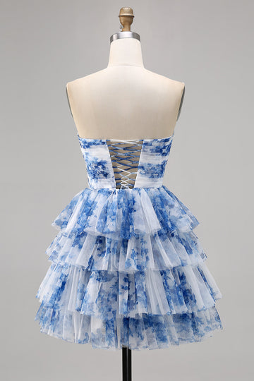 White Blue Flower A Line Strapless Tiered Corset Cocktail Dress with Lace Up Back